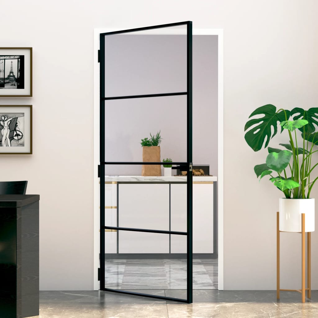 vida XL Innentür Schwarz 93x 201,5 cm Hartglas & Aluminium Schlank