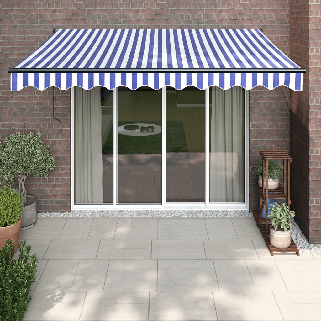 Auvent rétractable bleu et blanc 3,5x2,5 m tissu et aluminium