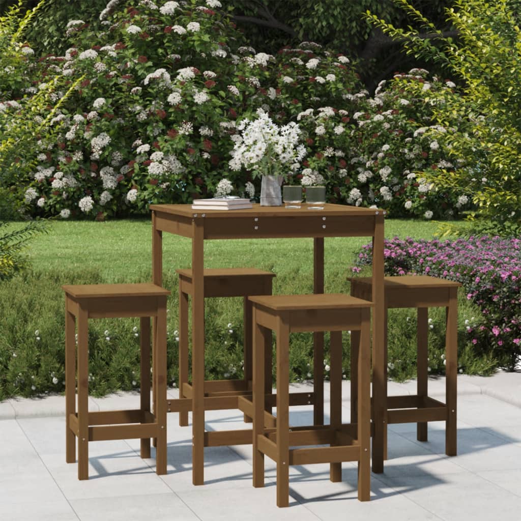 Zestaw mebli barowych z litego drewna sosnowego, kolor miodowy brąz, wymiary stolika 82,5x82,5x110 cm, krzesła 40x40x78 cm