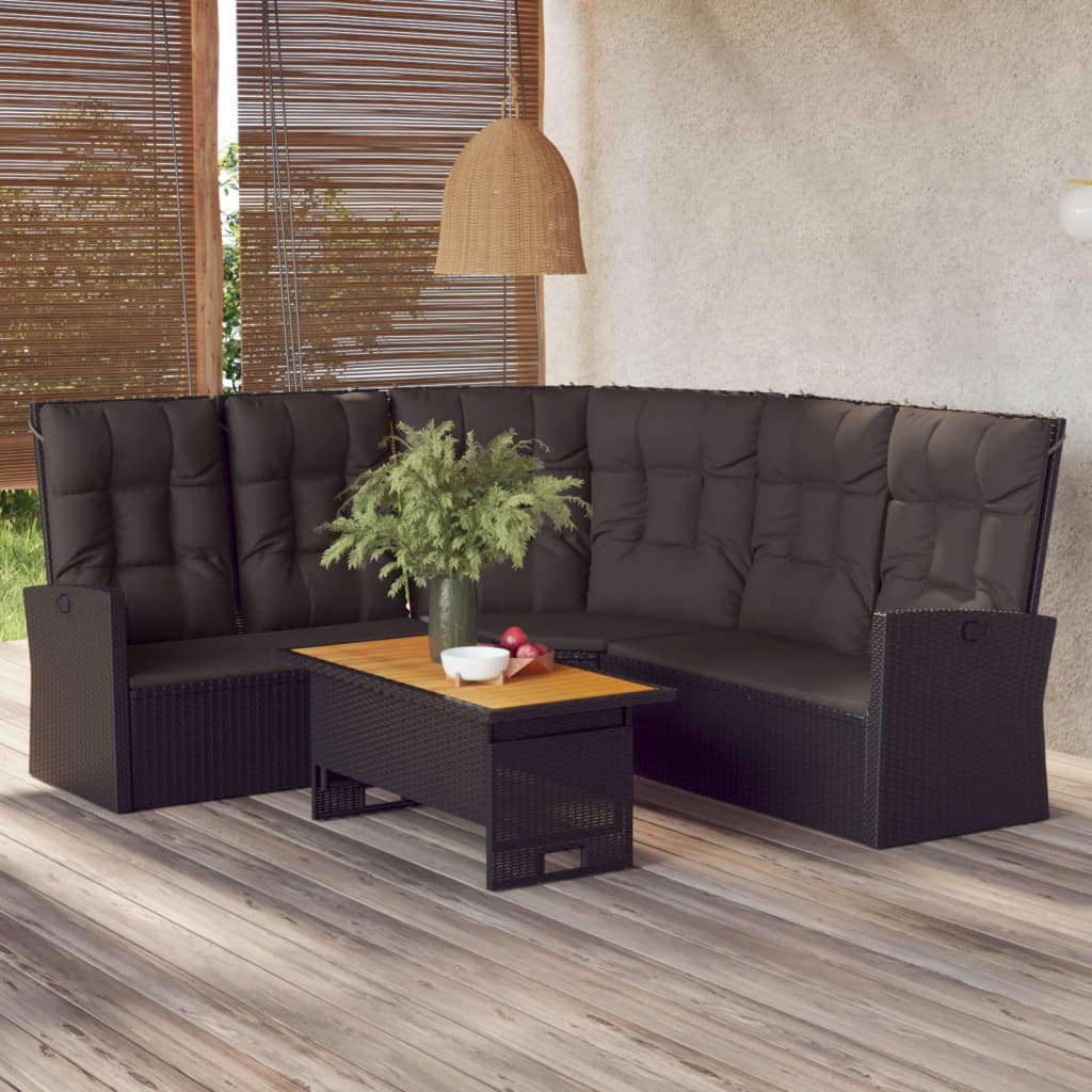 vidaXL Reclining Corner Sofa with Cushions Black Poly Rattan