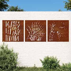 Vrtne stenske dekoracije 3 kosi 55x55 cm corten jeklo trava