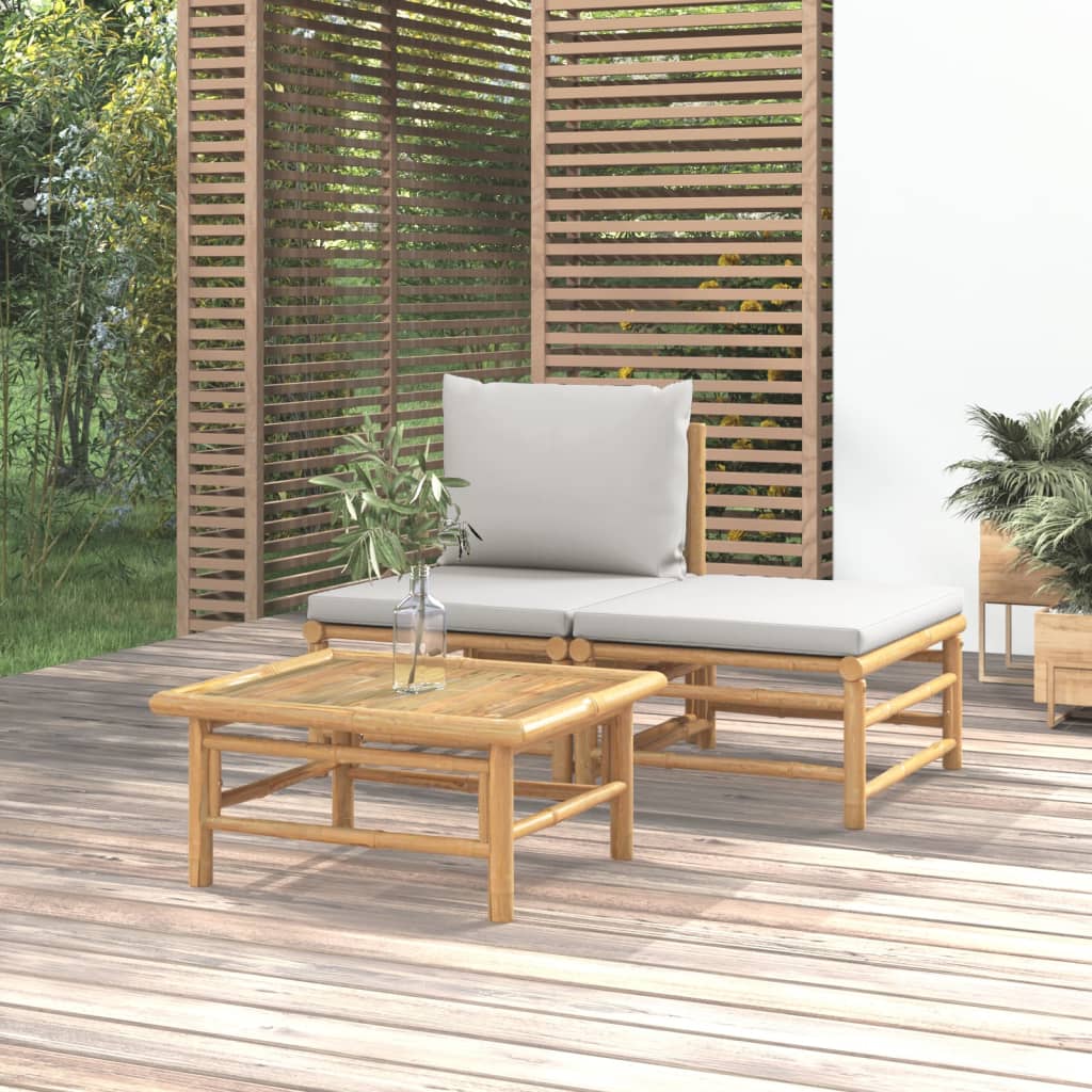  3-dielna záhradná sedacia súprava svetlosivé vankúše bambus