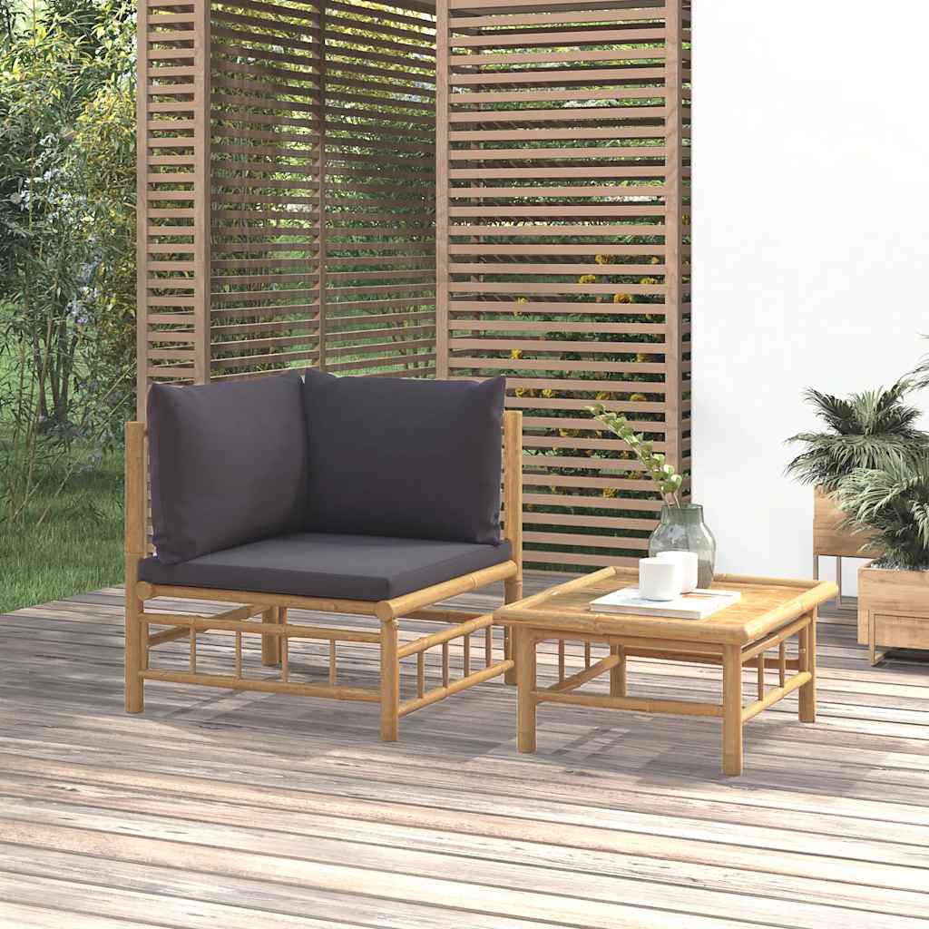 Salon de jardin 2 pcs avec coussins gris foncé bambou