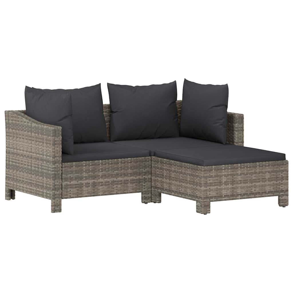 vidaXL 3-delige Loungeset met kussens poly rattan grijs, foto 3