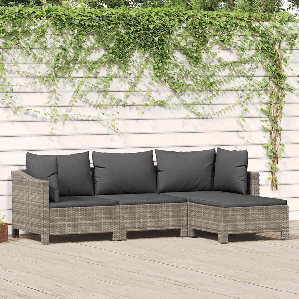 Salon de jardin 4 pcs avec coussins Gris Résine tressée