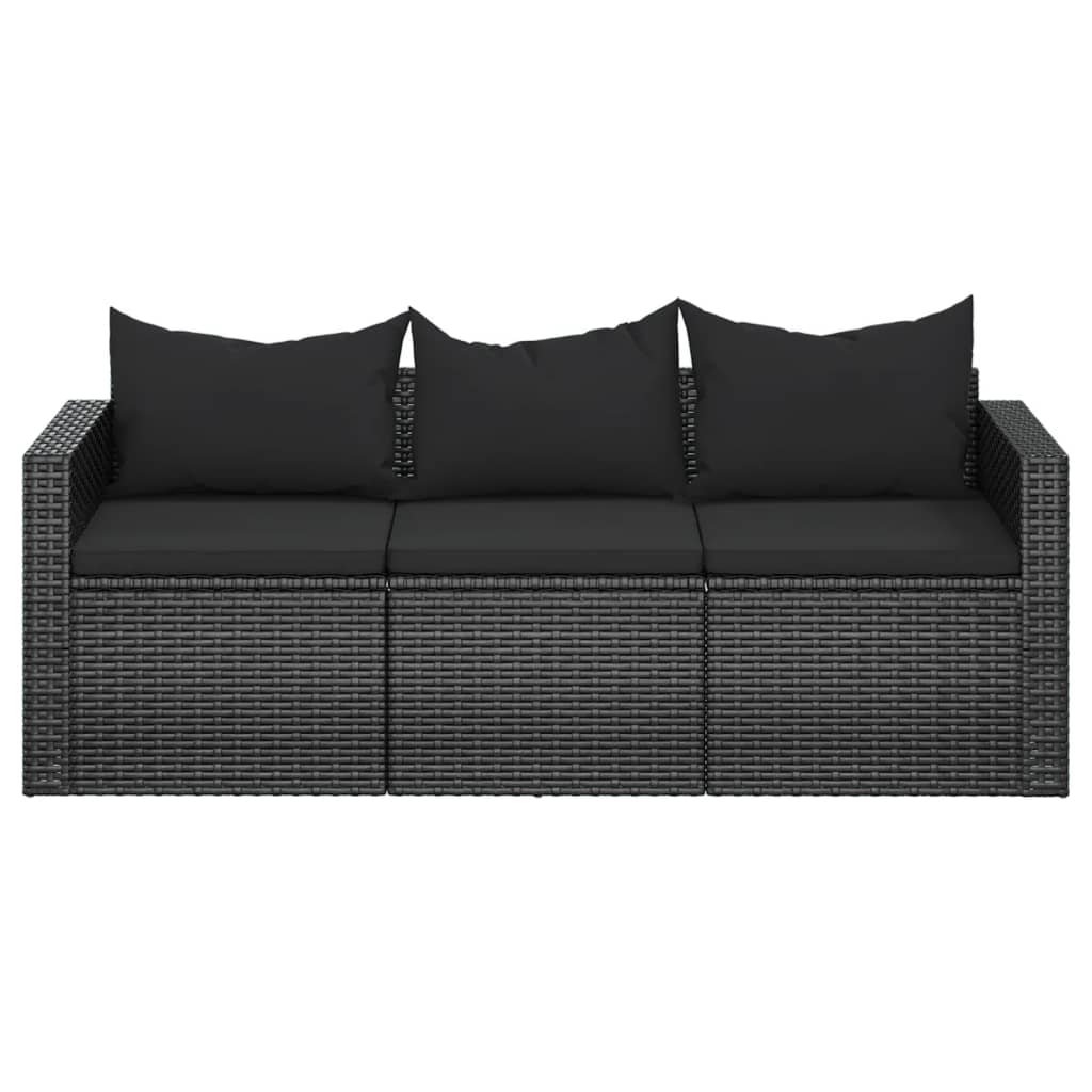 vidaXL 3-Seater Patio Sofa with Cushions Black Poly Rattan