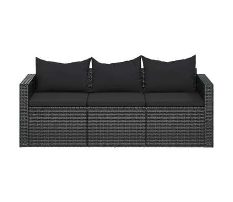 vidaXL 3-Seater Patio Sofa with Cushions Black Poly Rattan