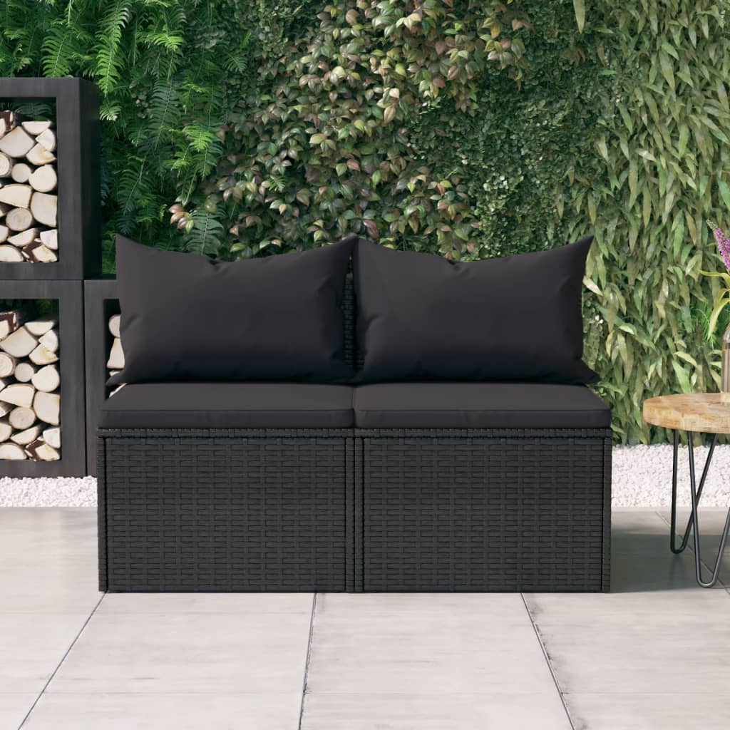 vidaXL Garten-Mittelsofas mit Kissen 2 Stk. Schwarz Poly Rattan