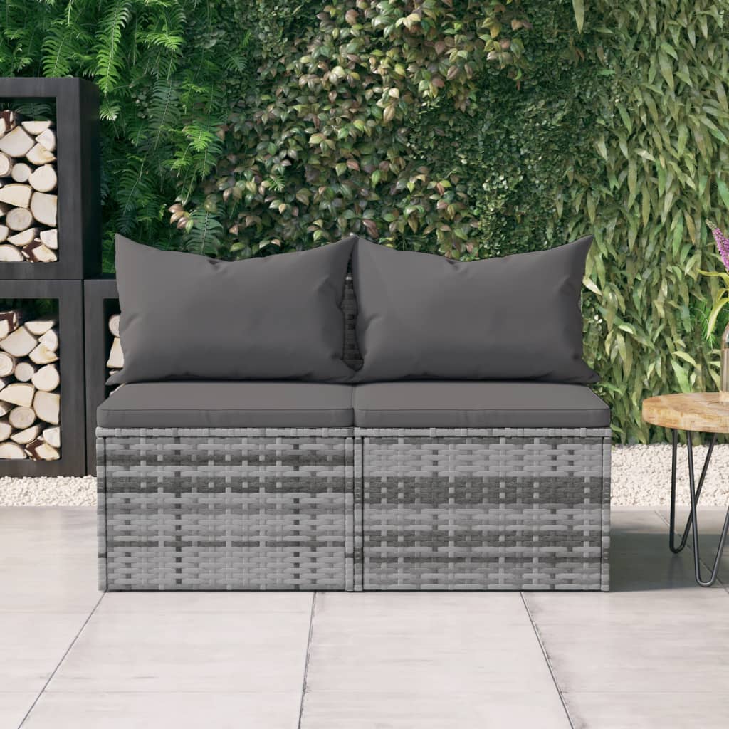 vidaXL Garten-Mittelsofas mit Kissen 2 Stk. Grau Poly Rattan