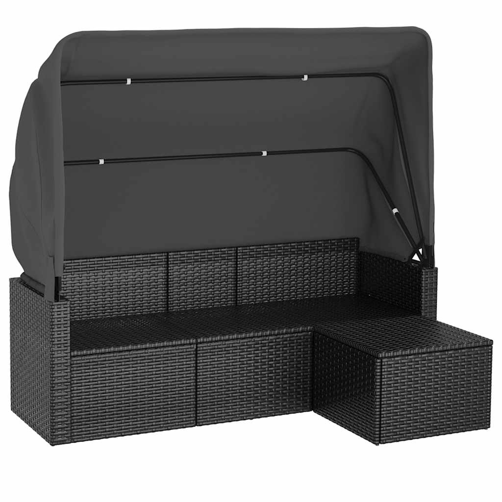 Image of vidaXL 3-Seater Garden Sofa with Roof and Footstool Black Poly Rattan