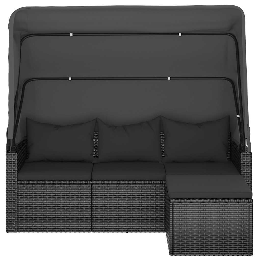 vidaXL Tuinbank 3-zits met dak en voetenbank poly rattan zwart afbeelding