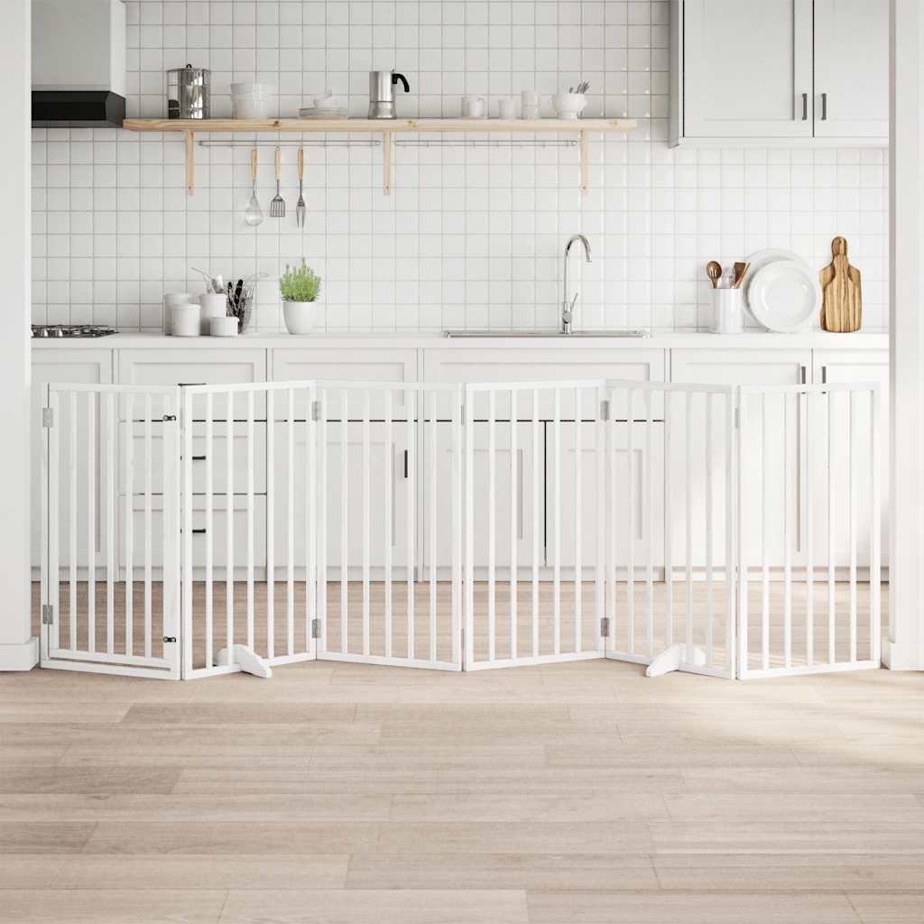 vidaXL Poartă de acces pentru câini cu ușă pliabilă, 6 panouri, albă, 300 cm, lemn de plop