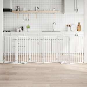 Pasja vrata z vrati, zložljiva, 6 panelov, bela, 300 cm, topolov les