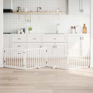 Ograda za pse z vrati zložljiva 4 paneli bela 320 cm topolovina