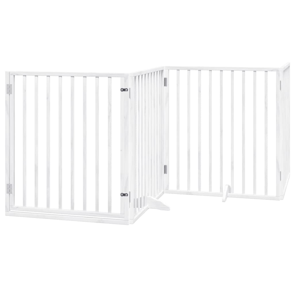 vidaXL Psí branka s dvířky, skládací, 4 panely, bílá, 320 cm, topolové dřevo