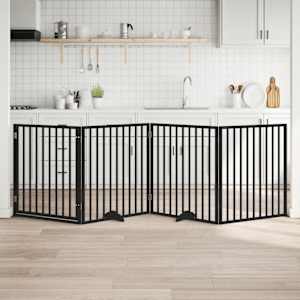 Ograda za pse z vrati zložljiva 4 paneli črna 320 cm topolovina