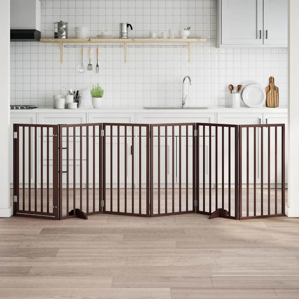 vidaXL Poartă de acces pentru câini cu ușă pliabilă, 6 panouri, maro, 300 cm, lemn de plop