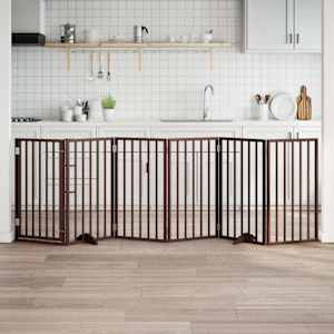 Pasja vrata z vrati, zložljiva, 6 panelov, rjava, 300 cm, topolov les