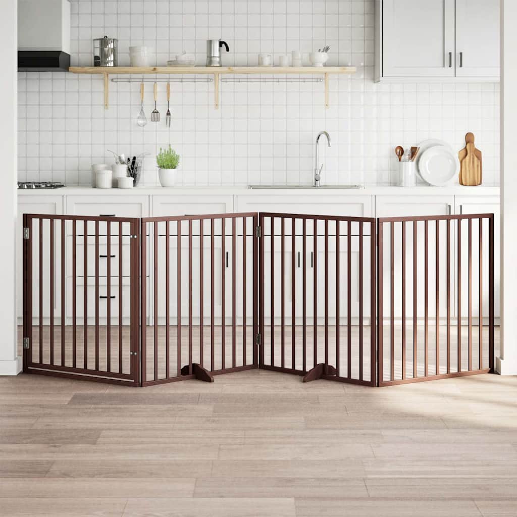 vidaXL Poartă de acces pentru câini cu ușă pliabilă, 4 panouri, maro, 320 cm, lemn de plop
