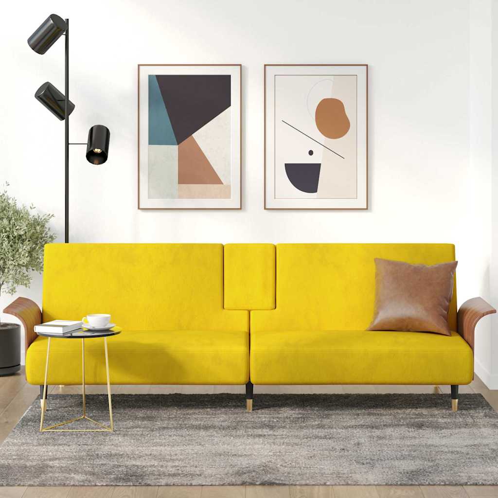 vidaXL Sofá-cama com suporte para copos veludo amarelo