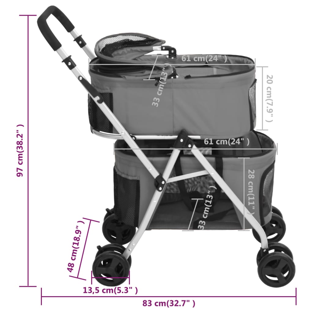 2patrový skládací kočárek pro psa šedý 83 x 48 x 97 cm oxford - obrázek 14