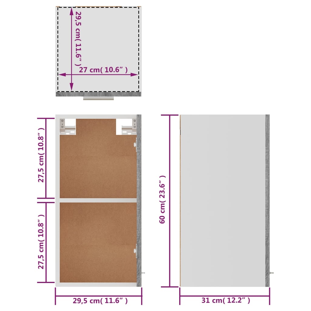 Szürke sonoma színű szerelt fa függőszekrény 29,5 x 31 x 60 cm 
