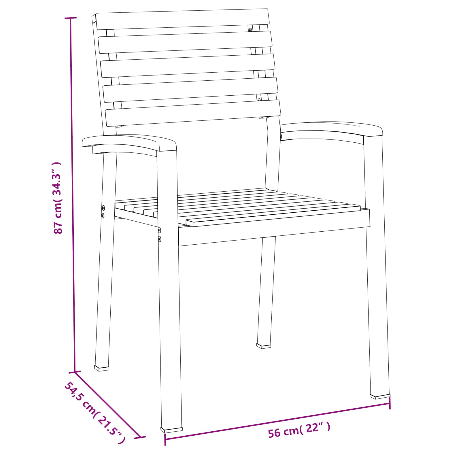 Stackable Garden Chairs Solid Wood Acacia and Metal size guide