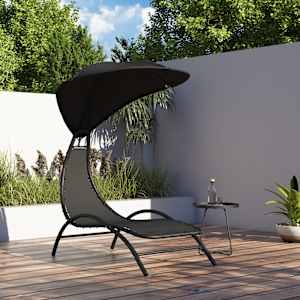 Ležalnik z nadstreškom črn 167x80x195 cm blago in jeklo