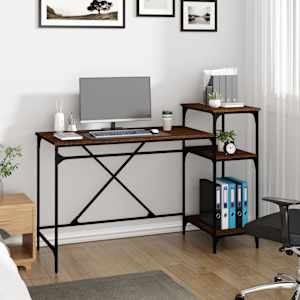 vidaXL Skrivebord med hyller brun eik 135x50x90 cm konstruert tre jern