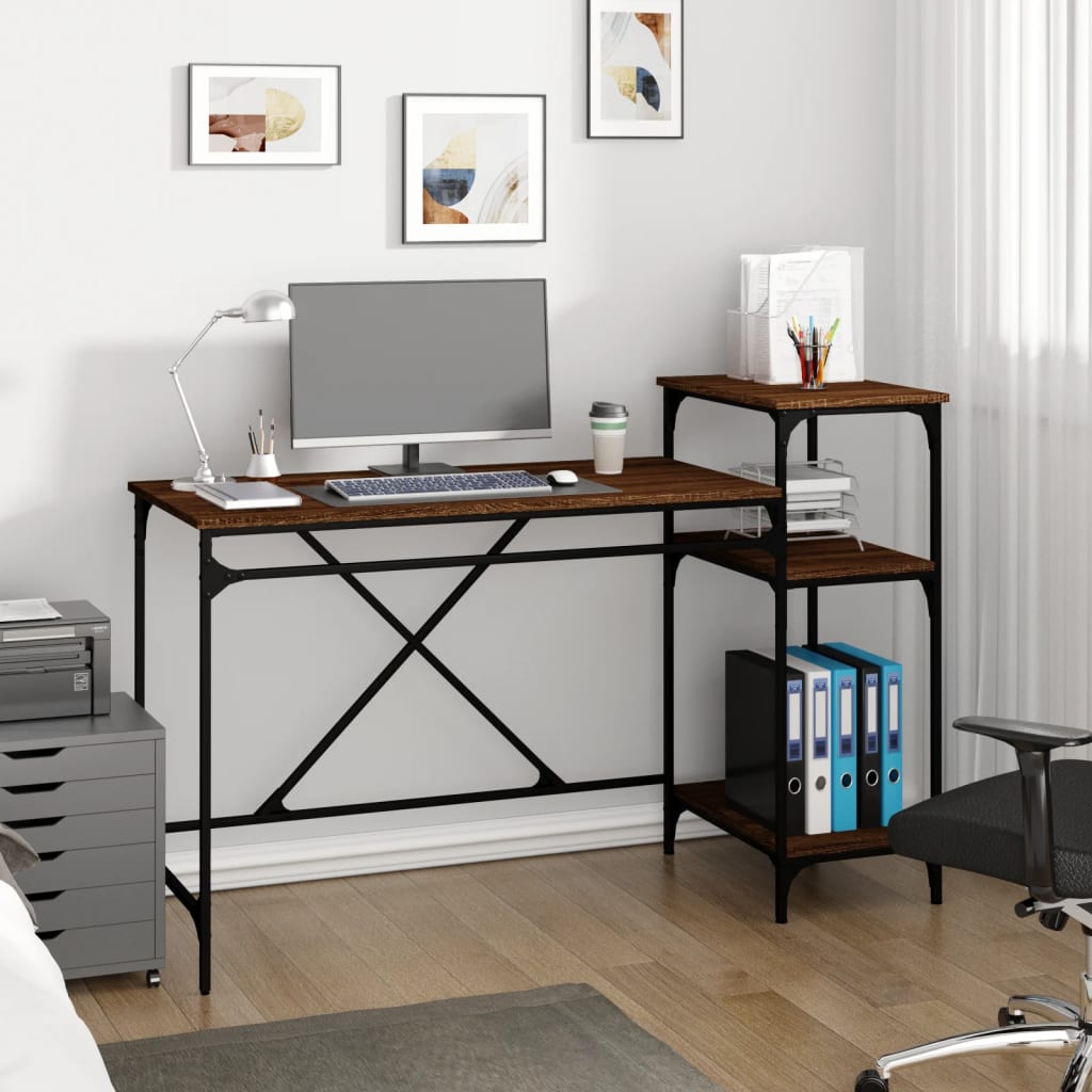 Skrivbord med hyllor brun ek 135x50x90 cm konstruerat trä&järn