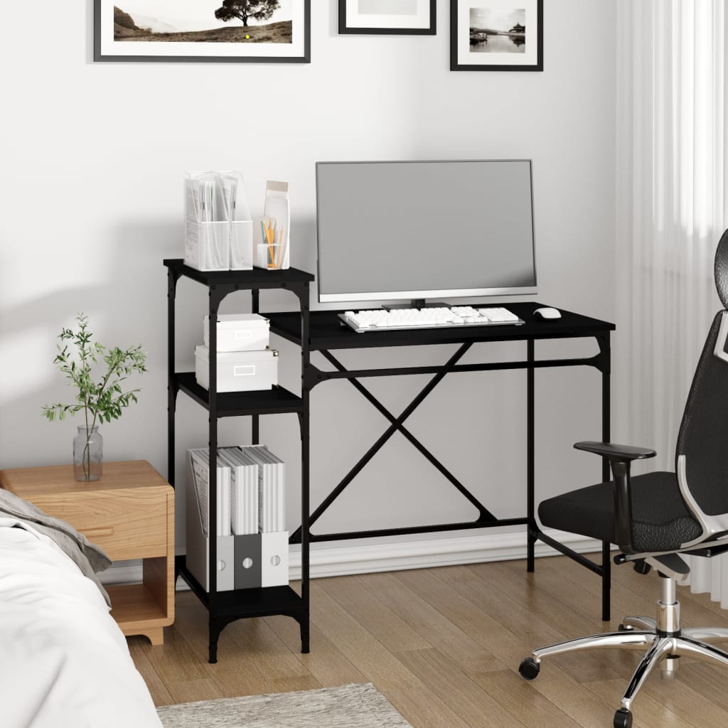 vidaXL Bureau met schappen 105x50x90 cm bewerkt hout en ijzer zwart afbeelding