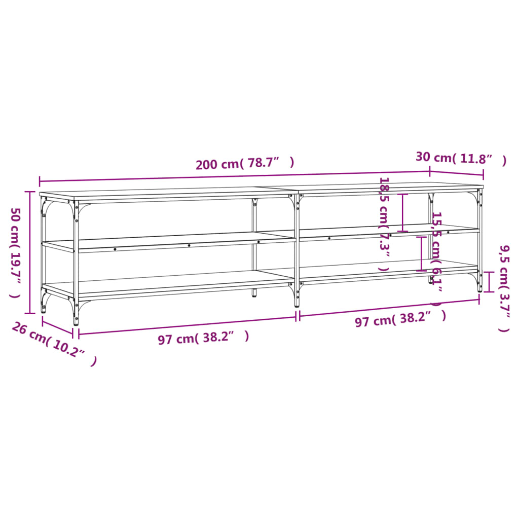 TV ormarić crni 200 x 30 x 50 cm konstruirano drvo i metal