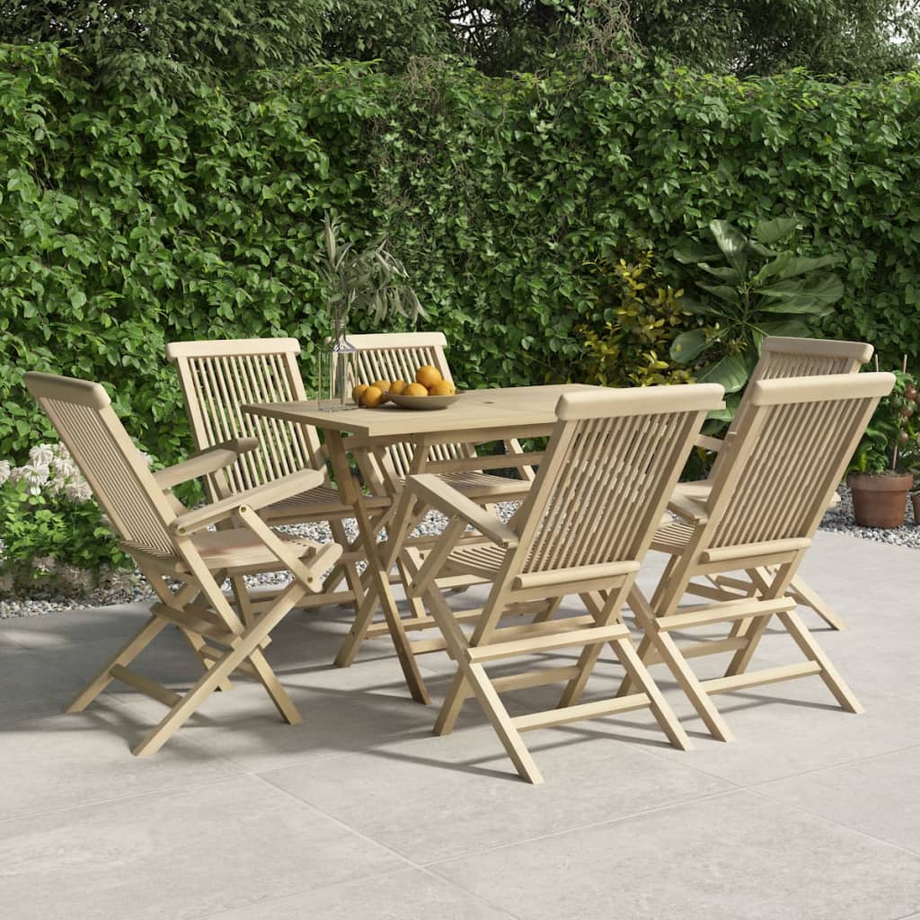 vida XL 7-tlg. Garten-Essgruppe Grau Massivholz Teak