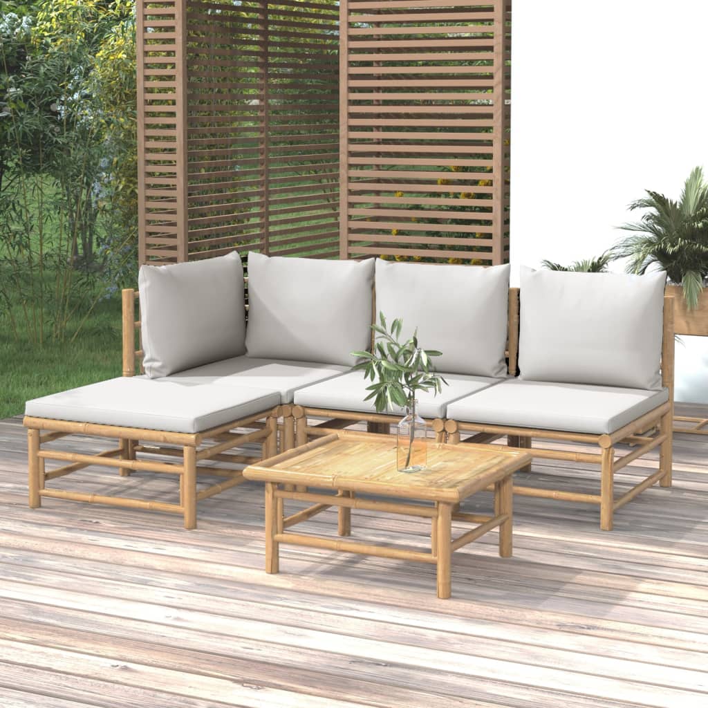 vidaXL loungesæt til haven 5 dele med lysegrå hynder bambus