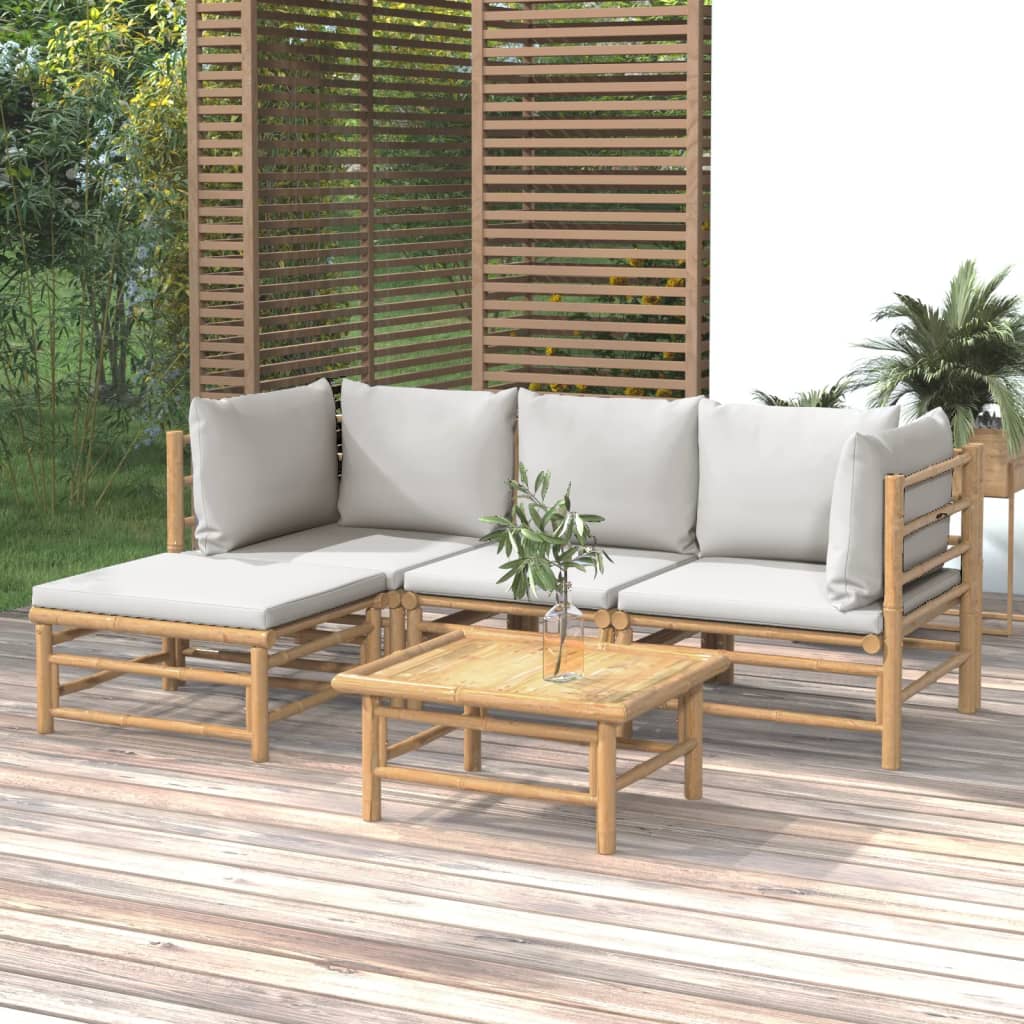 vidaXL 5 pcs conj. lounge de jardim bambu c/ almofadões cinzento-claro