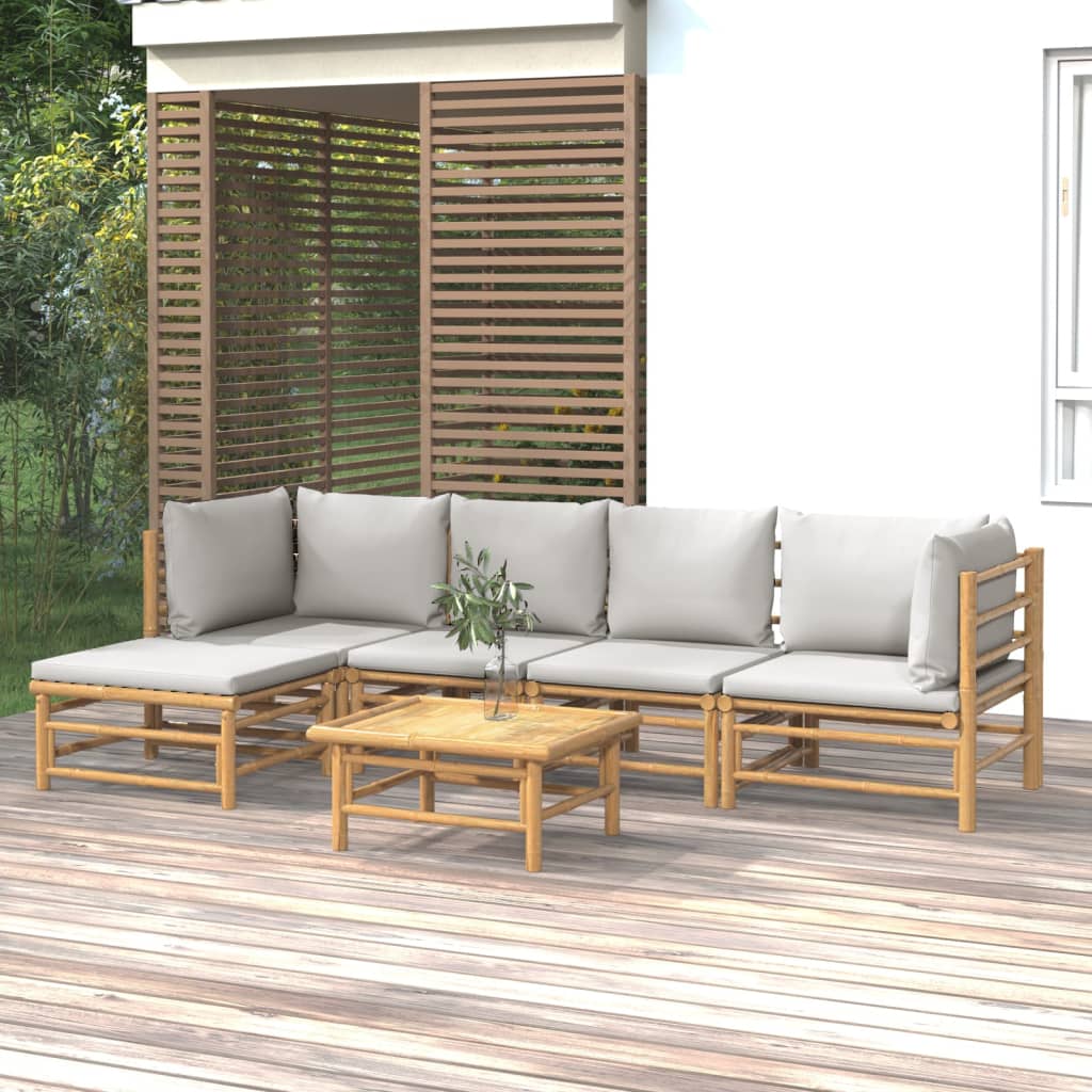 vidaXL Salon de jardin 6 pcs avec coussins gris clair bambou