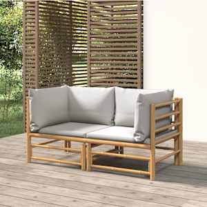 Vrtni kotni kavč s svetlo sivimi blazinami 2 kosa bambus