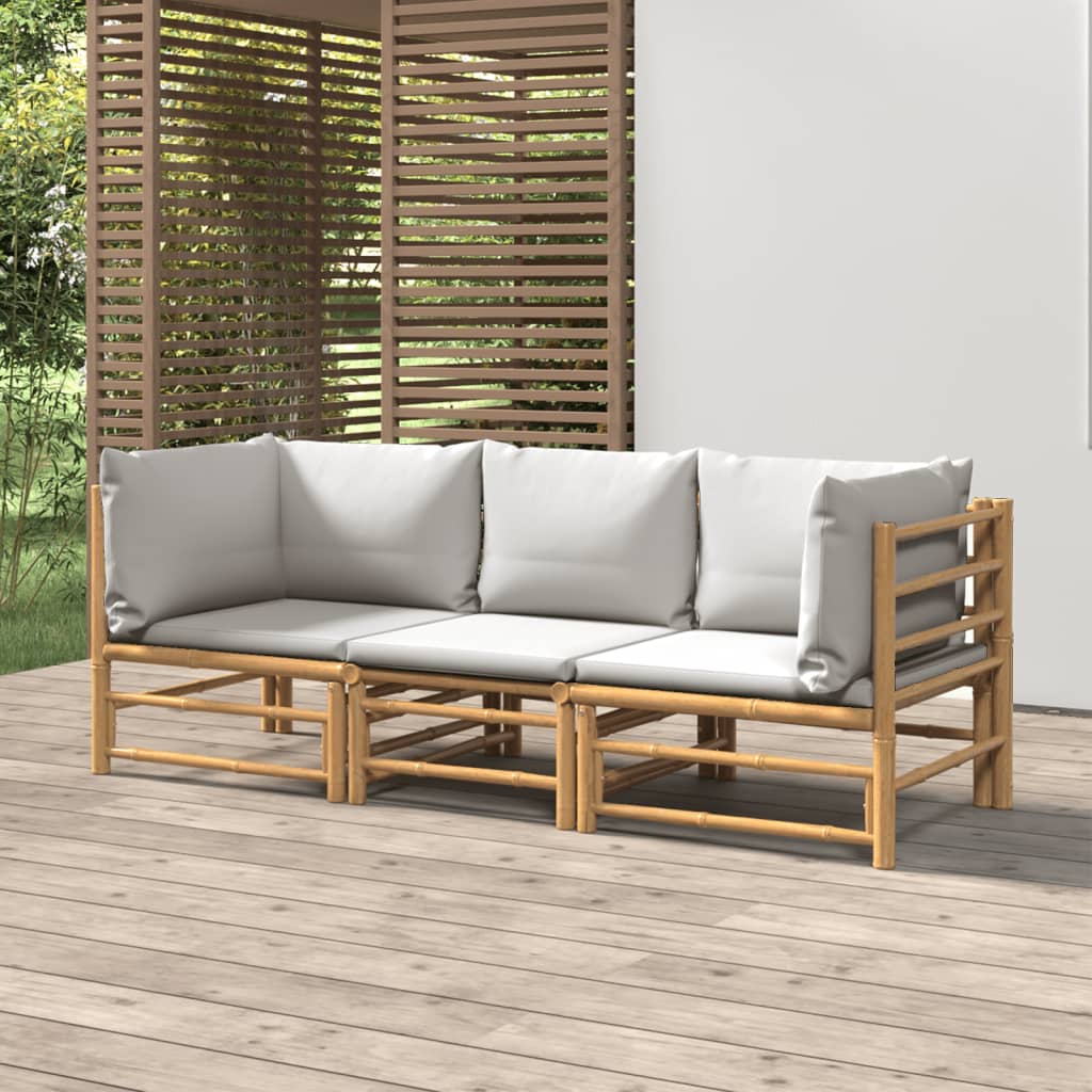 vidaXL 3-tlg. Garten-Lounge-Set mit Hellgrauen Kissen Bambus