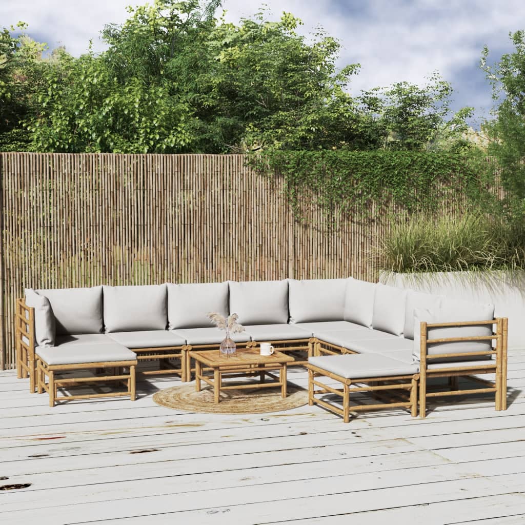 vidaXL loungesæt til haven 11 dele med lysegrå hynder bambus