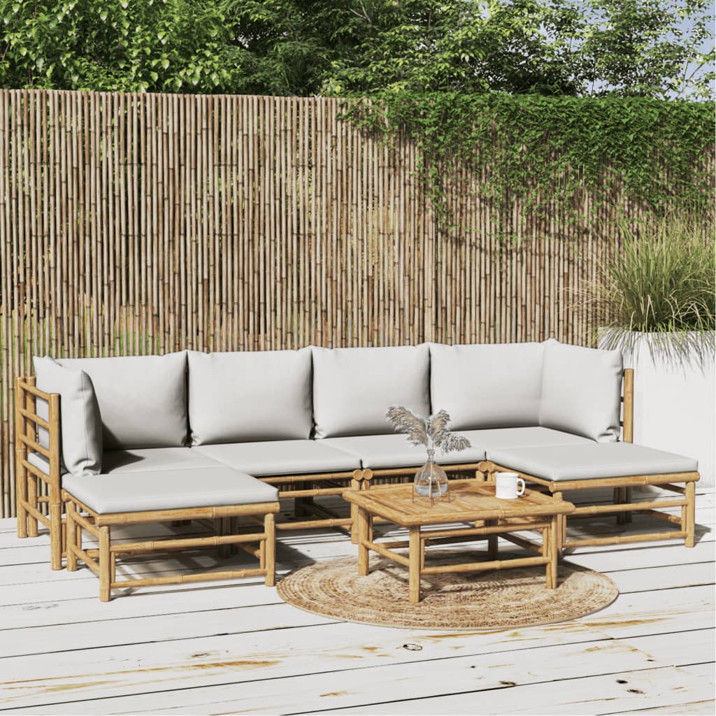 7-tlg. Garten-Lounge-Set mit Hellgrauen Kissen Bambus