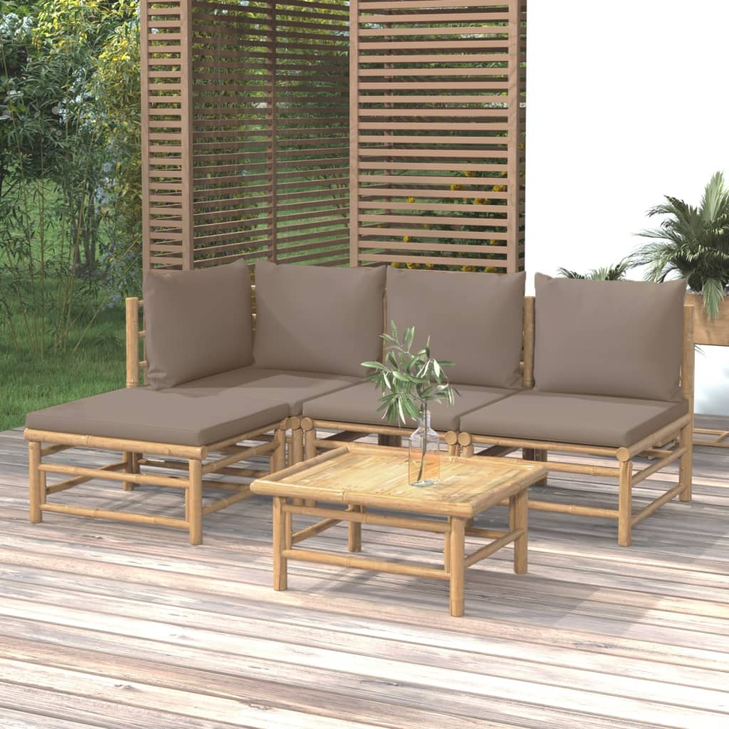  5-dielna záhradná sedacia súprava sivohnedé vankúše bambus