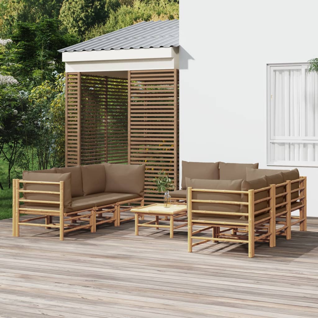 9dílná zahradní sedací souprava s taupe poduškami bambus