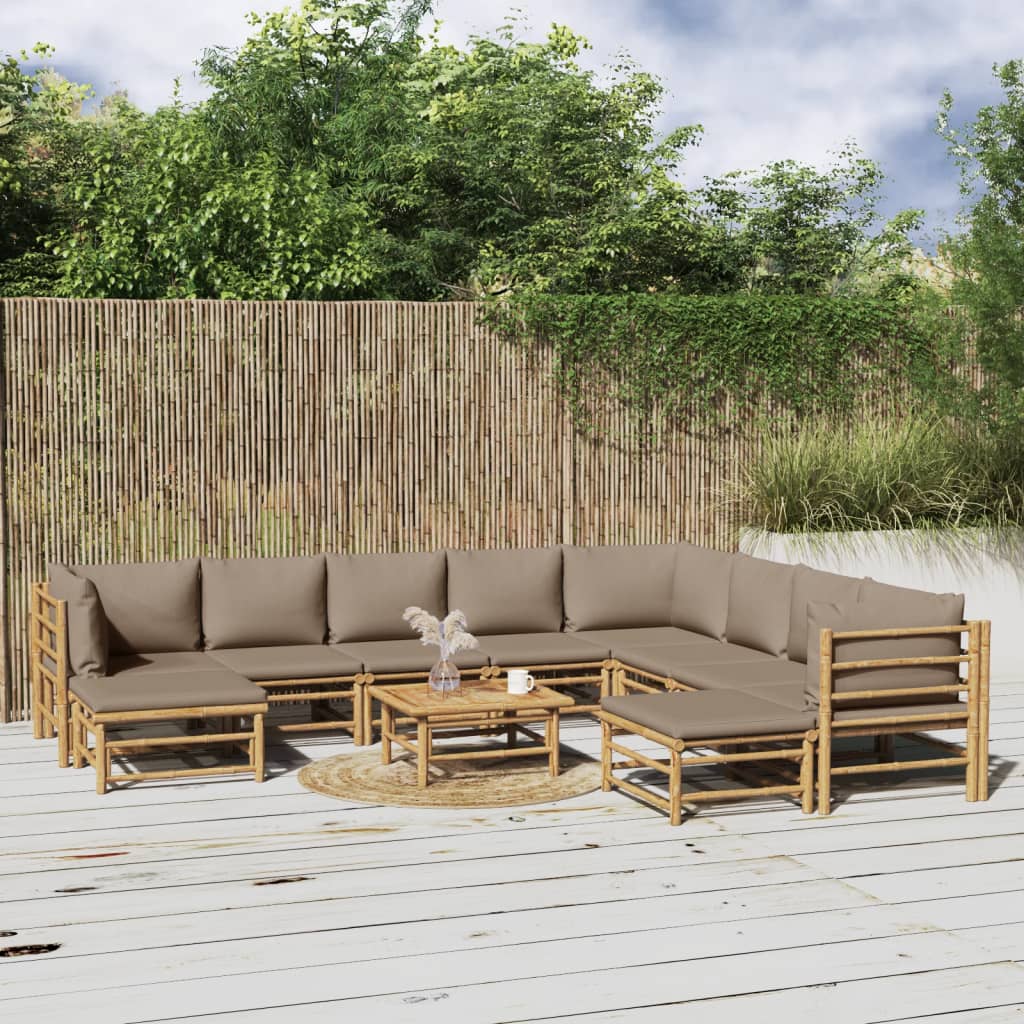 vidaXL loungesæt til haven 11 dele med gråbrune hynder bambus