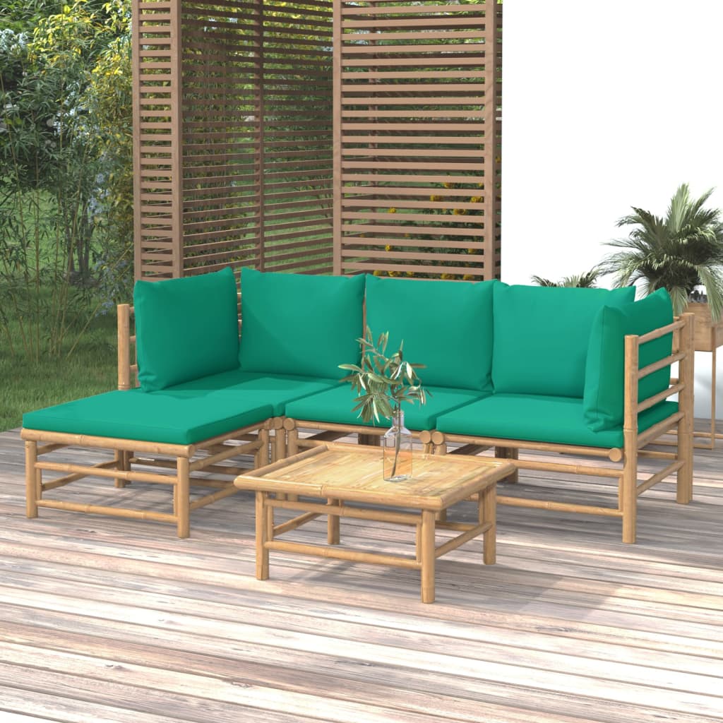 vidaXL 5-tlg. Garten-Lounge-Set mit Grünen Kissen Bambus