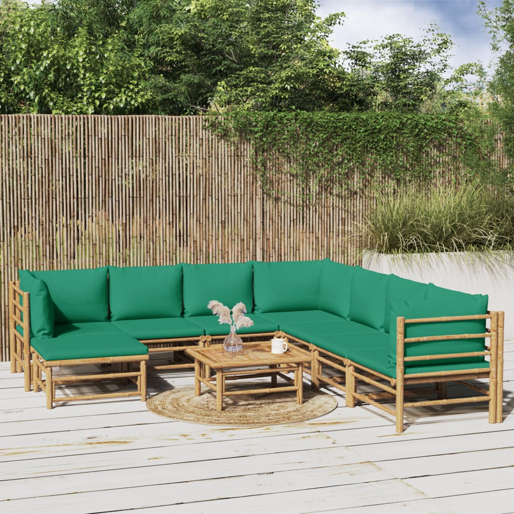 vidaXL loungesæt til haven 9 dele med grønne hynder bambus