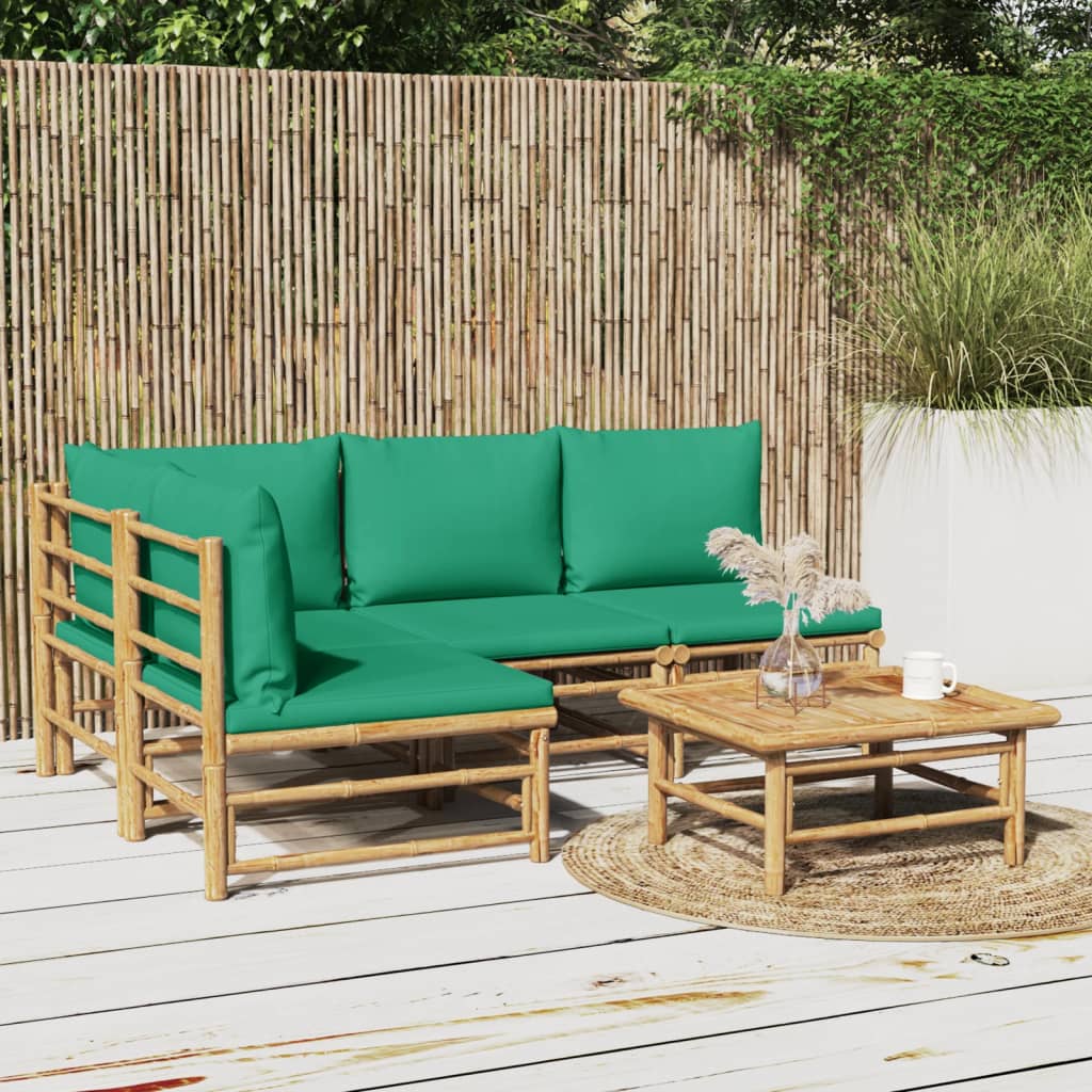 vidaXL 5-tlg. Garten-Lounge-Set mit Grünen Kissen Bambus