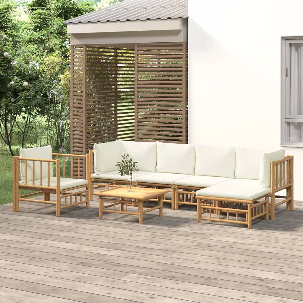 7dílná zahradní sedací souprava krémově bílé podušky bambus