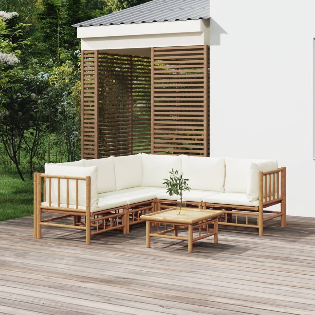 Zestaw mebli ogrodowych bambusowych - 2x sofa środkowa, 3x sofa narożna, 1x stół, 5x poduszka na siedzisko, 8x poduszka na oparcie (kolor kremowy)