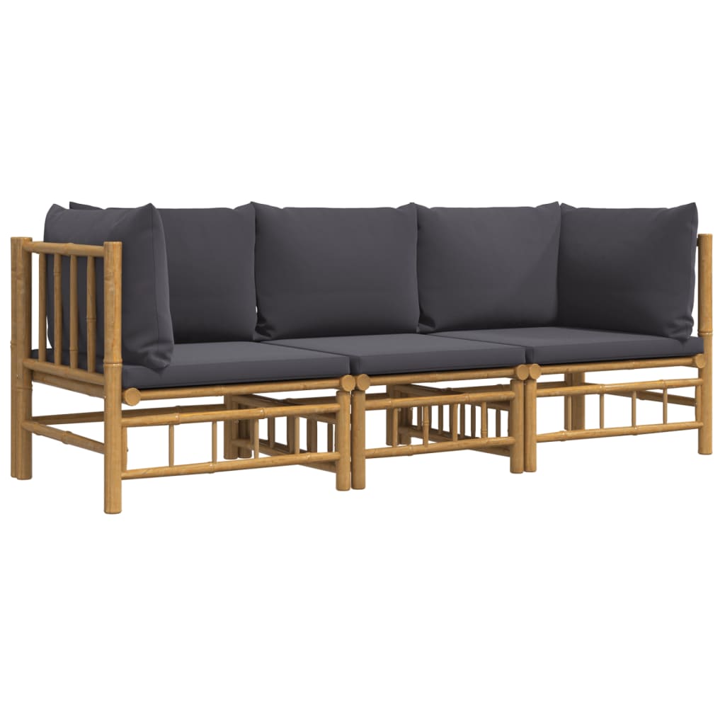 vidaXL Set mobilier de grădină, perne gri închis, 3 piese, bambus
