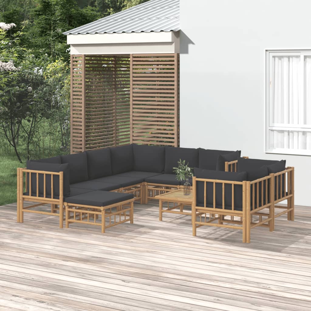 vidaXL Salon de jardin 10 pcs avec coussins gris foncé bambou